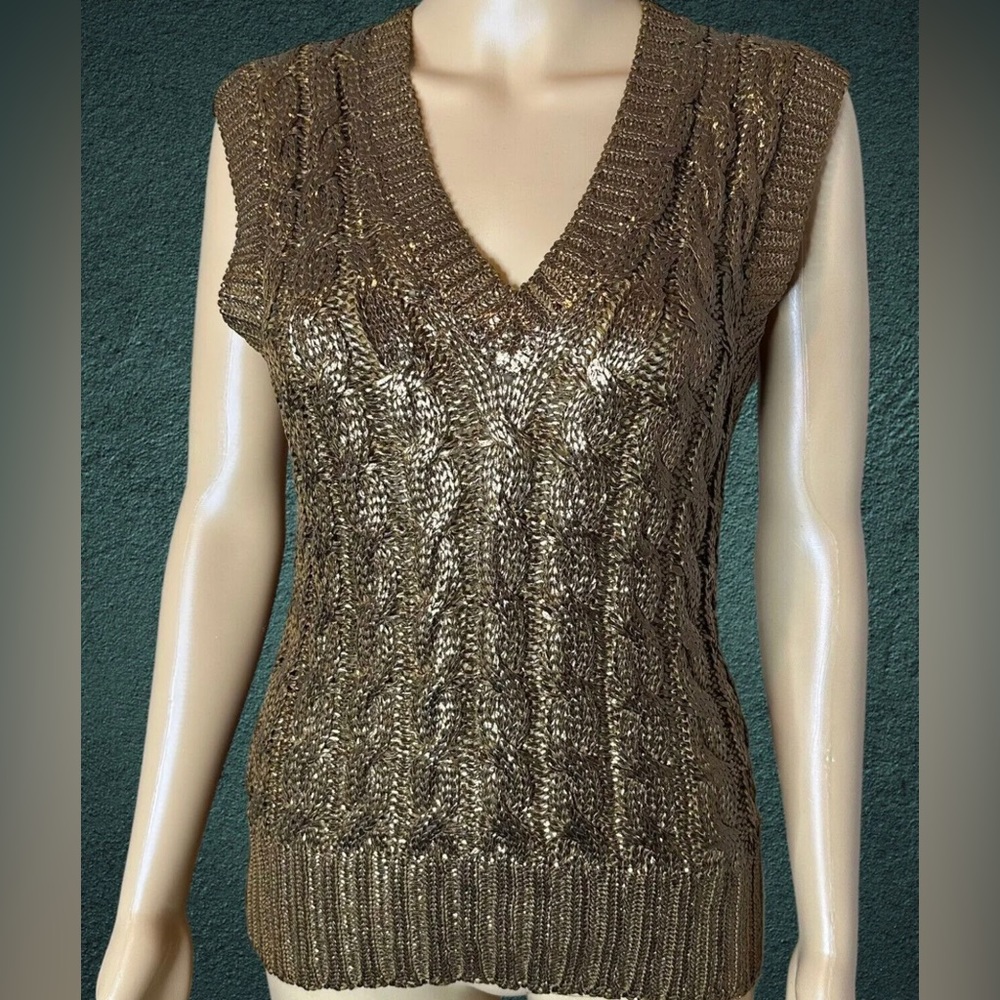 Oscar De La Renta Women Vest Sweater Medium Brown Metallic Knitted 100% Silk